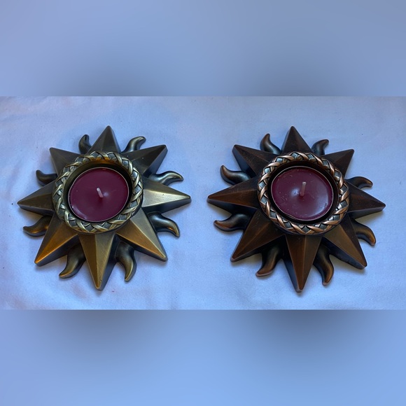 Lot of 2 metal tea light / votive candle holders- decorative sun / sunburst - Picture 2 of 5